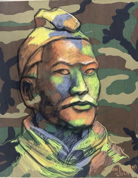 Junqin XING, Série Les Guerriers en camouflage n°1, 48 x 40 cm, Acrylique et huile sur toile, 2024 (c) DR